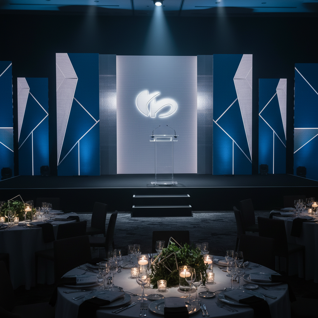 A meticulously designed corporate gala stage viewed from a slightly elevated angle, showcasing a sleek, matte black platform framed by tall, geometric LED panels in deep navy and platinum tones. A central, backlit logo wall with subtle metallic texture stands behind a minimalist acrylic podium. The foreground features the tops of elegantly set round tables with monochrome linens and modern centerpieces of structured greenery and low glass candles. Cool, controlled spotlighting washes the stage with a soft gradient, while dim ambient lighting keeps the audience area discreet. Photographic realism with sharp focus on the stage elements, creating a polished, professional, and high-end atmosphere suited for corporate event design.