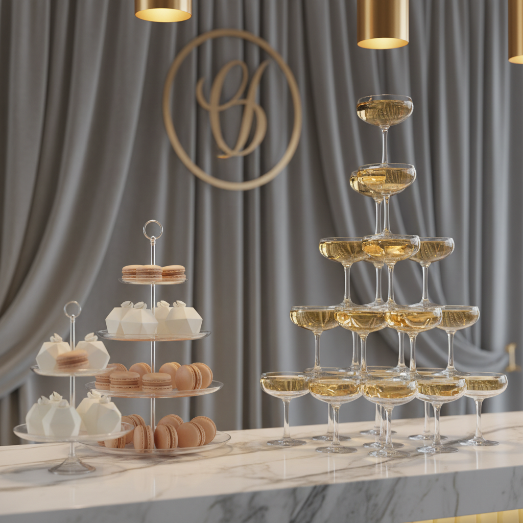 A close-up of an exquisitely styled dessert and champagne display on a polished white marble bar, featuring tiered crystal stands topped with minimalist white petit fours, macarons in muted nude and blush tones, and a tall, slender champagne tower of coupe glasses catching the light. Behind, a backdrop of soft gray velvet drapery and a subtle metallic monogram panel is gently blurred. Warm pendant lighting above creates delicate reflections in the glassware and soft highlights on the marble veins. Photographic realism, shot from a three-quarter angle with shallow depth of field, conveying indulgent sophistication and refined celebration design.