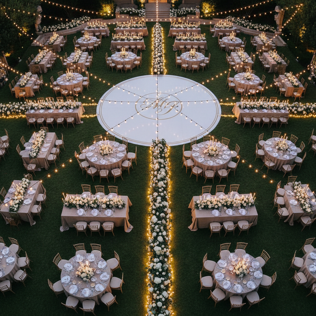 A dramatic overhead view of a luxury outdoor evening celebration layout, showing a symmetrical arrangement of round and rectangular tables draped in stone-colored linens on a manicured lawn. Tables are adorned with low, lush floral runners in whites and greens, interspersed with crystal candleholders. Pathways of warm fairy lights trace geometric patterns on the ground, leading to a central dance floor with a high-gloss white surface and a subtle, elegant monogram. The scene is illuminated by a mix of overhead string lights and hidden ground uplighting, creating a cinematic glow. Photographic realism with a wide-angle, bird’s-eye composition, conveying a sophisticated, timeless event environment.