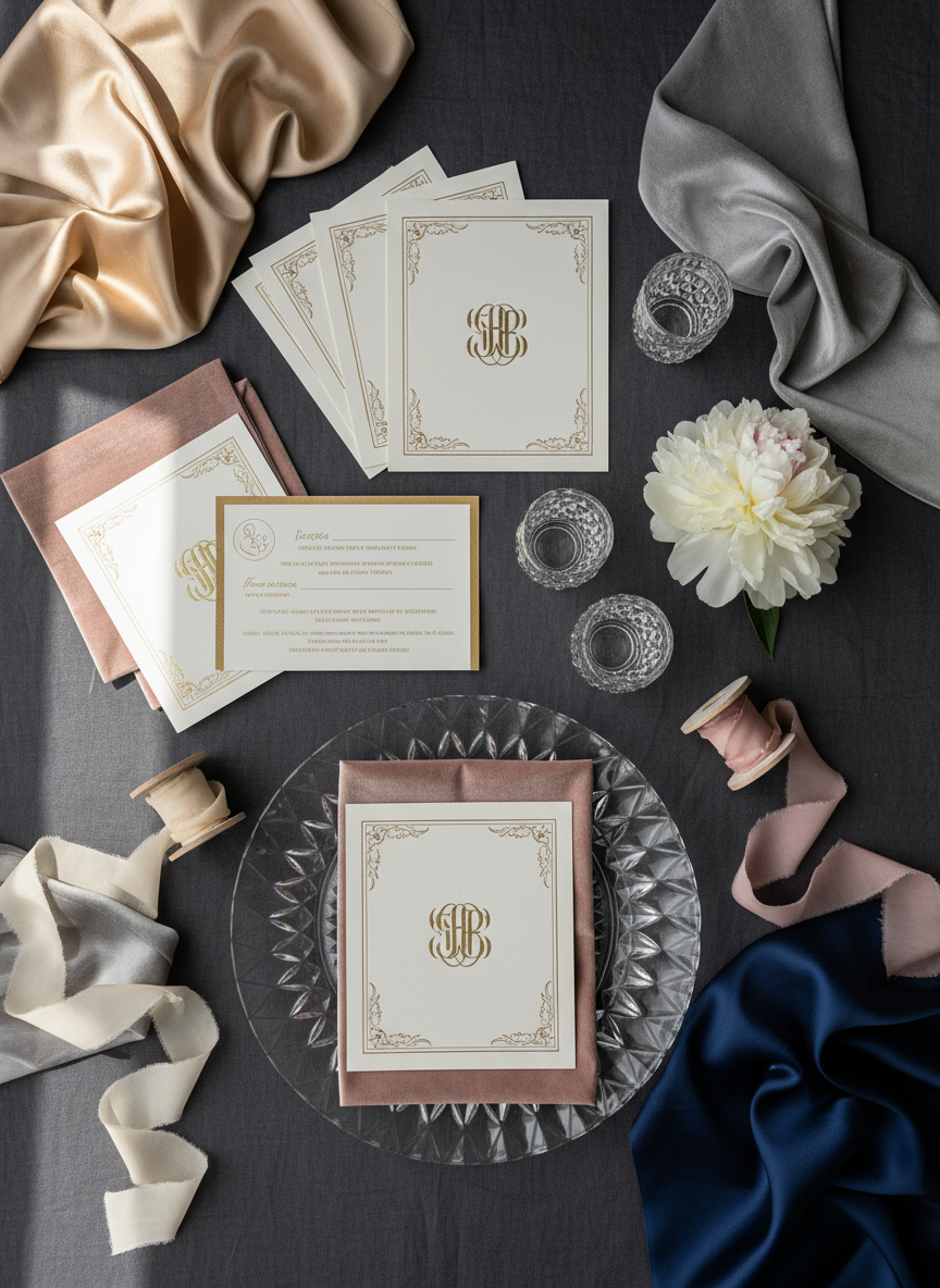 An opulent event design flat lay arranged on a deep charcoal linen tablecloth, featuring layered ivory and soft blush stationery with embossed gold monograms, silk ribbon spools, faceted crystal votive holders, a single open white peony, and fabric swatches in champagne, dove gray, and midnight blue. A crystal charger plate with a folded velvet napkin anchors the composition. Soft, diffused window light from the left creates subtle highlights on metallic edges and gentle shadows in the fabric texture. Photographic realism, shot from a perfectly overhead, bird’s-eye view with sharp focus throughout, conveying a sophisticated, meticulously curated luxury event planning aesthetic suitable for a homepage hero image.
