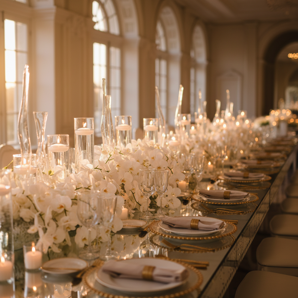 A grand table setting styled for a luxury wedding reception, featuring a long, mirrored tabletop elegantly dressed with cascading white orchids, tall sculptural glass vases, and clusters of floating candles in crystal cylinders. Layered place settings with gold-rimmed charger plates, bone-white porcelain, and neatly folded taupe linen napkins rest on the reflective surface. The environment suggests a high-ceiling ballroom with blurred architectural details in the background. Warm, golden hour lighting streams in from large unseen windows, creating sparkling highlights in the glass and a soft bokeh behind. Photographic realism, eye-level composition with a shallow depth of field, evoking a sophisticated, romantic, and elevated atmosphere.