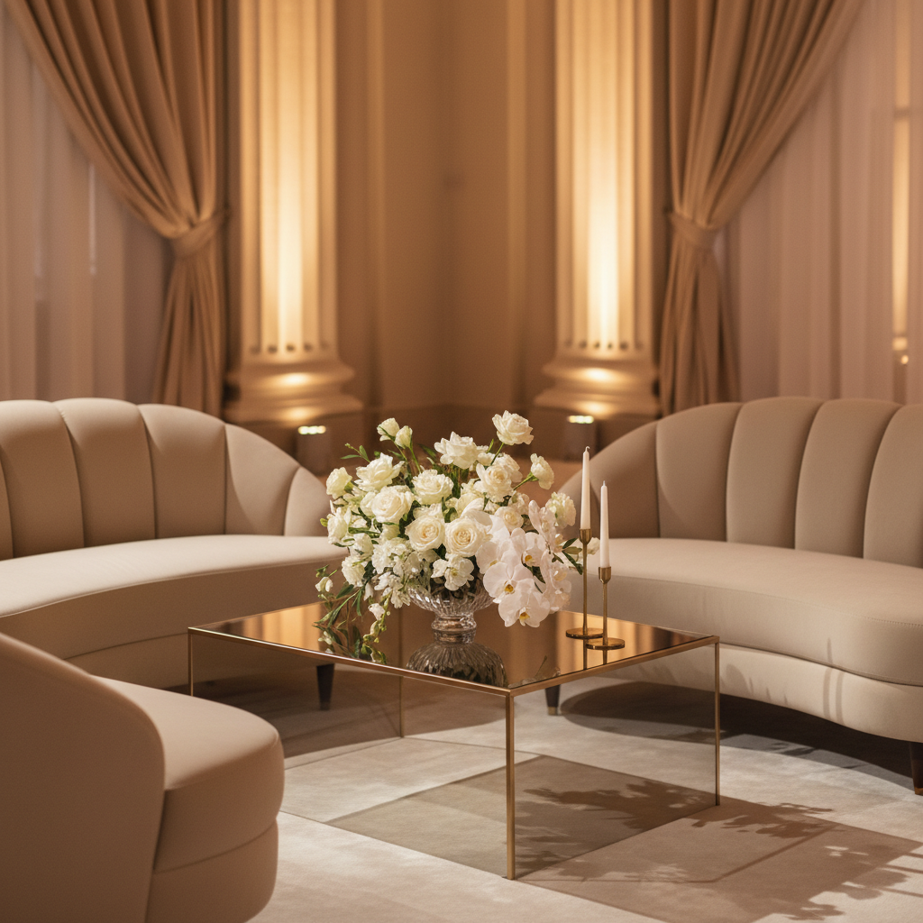 An intimate vignette of a luxury lounge area within an event, featuring a pair of curved, cream-colored velvet sofas facing a low, smoked-glass coffee table. On the table, a carefully arranged floral composition of white roses and sculptural greenery rests in a heavy crystal vase beside a pair of slender taper candles in brushed brass holders. The setting hints at a larger venue with blurred columns and soft drapery in the background. Warm, ambient lighting mixed with subtle accent uplights creates layered shadows and gentle reflections on the glass. Photographic realism, eye-level composition, mood sophisticated, serene, and inviting, ideal for showcasing upscale event lounge design.