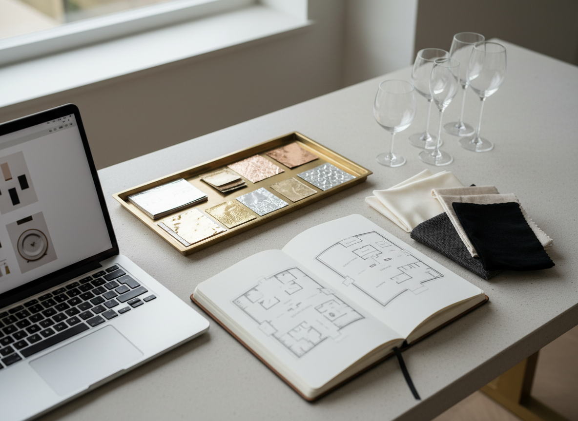 A refined design studio workspace tabletop, showcasing the creative process of luxury event design without any human presence. On a pale stone surface lies an open sketchbook with hand-drawn floorplans, fabric swatches in ivory, sable, and onyx, a tray of metallic foil samples, and a selection of glassware mockups. A laptop with a minimalist event moodboard on screen sits to one side, slightly out of focus. Soft, overcast daylight from a nearby window creates even, shadowless illumination that enhances textures and subtle color differences. Photographic realism, captured from a slightly angled overhead view with moderate depth of field, conveying meticulous planning, sophistication, and high-end design thinking.